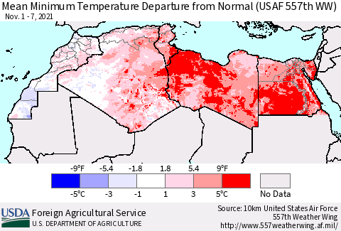 North Africa Mean Minimum Temperature Departure from Normal (USAF 557th WW) Thematic Map For 11/1/2021 - 11/7/2021