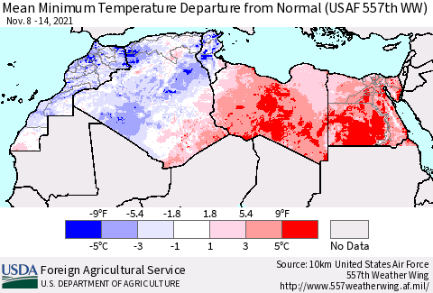 North Africa Mean Minimum Temperature Departure from Normal (USAF 557th WW) Thematic Map For 11/8/2021 - 11/14/2021