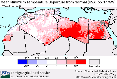 North Africa Mean Minimum Temperature Departure from Normal (USAF 557th WW) Thematic Map For 11/15/2021 - 11/21/2021