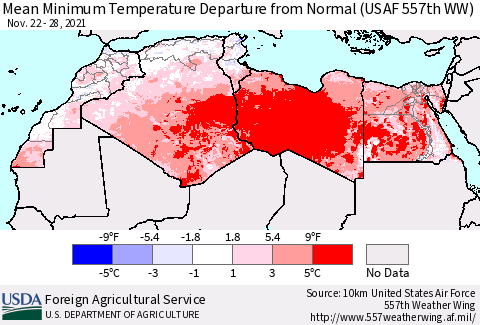North Africa Mean Minimum Temperature Departure from Normal (USAF 557th WW) Thematic Map For 11/22/2021 - 11/28/2021
