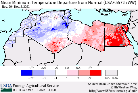 North Africa Mean Minimum Temperature Departure from Normal (USAF 557th WW) Thematic Map For 11/29/2021 - 12/5/2021