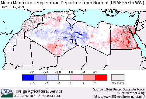 North Africa Mean Minimum Temperature Departure from Normal (USAF 557th WW) Thematic Map For 12/6/2021 - 12/12/2021