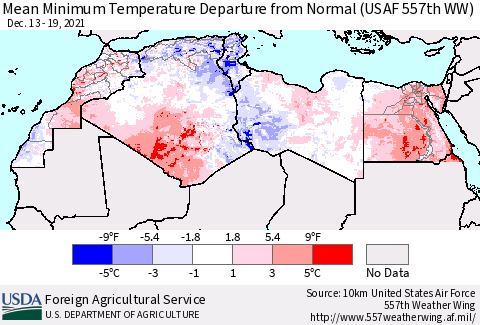 North Africa Mean Minimum Temperature Departure from Normal (USAF 557th WW) Thematic Map For 12/13/2021 - 12/19/2021