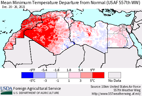 North Africa Mean Minimum Temperature Departure from Normal (USAF 557th WW) Thematic Map For 12/20/2021 - 12/26/2021