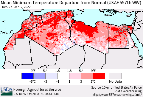 North Africa Mean Minimum Temperature Departure from Normal (USAF 557th WW) Thematic Map For 12/27/2021 - 1/2/2022