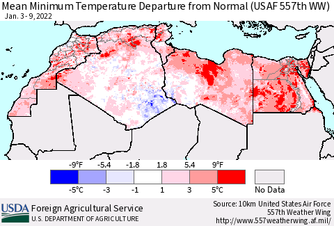 North Africa Mean Minimum Temperature Departure from Normal (USAF 557th WW) Thematic Map For 1/3/2022 - 1/9/2022