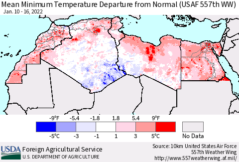North Africa Mean Minimum Temperature Departure from Normal (USAF 557th WW) Thematic Map For 1/10/2022 - 1/16/2022