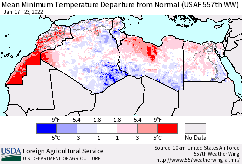 North Africa Mean Minimum Temperature Departure from Normal (USAF 557th WW) Thematic Map For 1/17/2022 - 1/23/2022