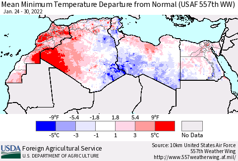 North Africa Mean Minimum Temperature Departure from Normal (USAF 557th WW) Thematic Map For 1/24/2022 - 1/30/2022