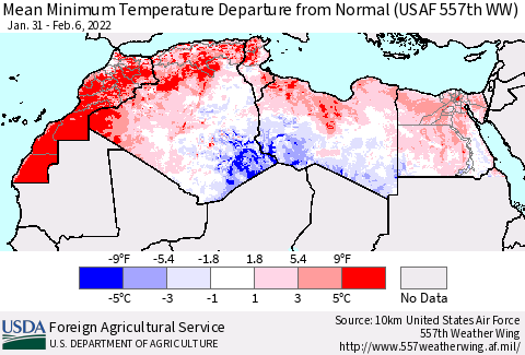 North Africa Mean Minimum Temperature Departure from Normal (USAF 557th WW) Thematic Map For 1/31/2022 - 2/6/2022