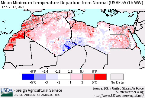 North Africa Mean Minimum Temperature Departure from Normal (USAF 557th WW) Thematic Map For 2/7/2022 - 2/13/2022