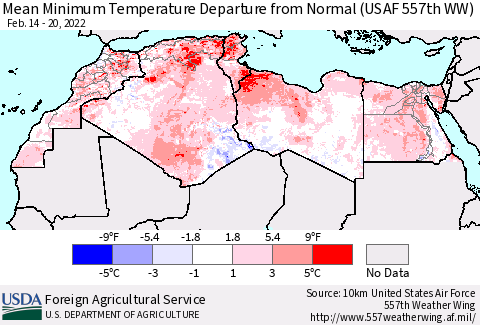 North Africa Mean Minimum Temperature Departure from Normal (USAF 557th WW) Thematic Map For 2/14/2022 - 2/20/2022