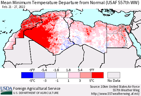 North Africa Mean Minimum Temperature Departure from Normal (USAF 557th WW) Thematic Map For 2/21/2022 - 2/27/2022