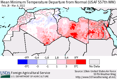 North Africa Mean Minimum Temperature Departure from Normal (USAF 557th WW) Thematic Map For 2/28/2022 - 3/6/2022
