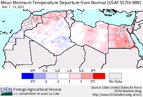 North Africa Mean Minimum Temperature Departure from Normal (USAF 557th WW) Thematic Map For 3/7/2022 - 3/13/2022