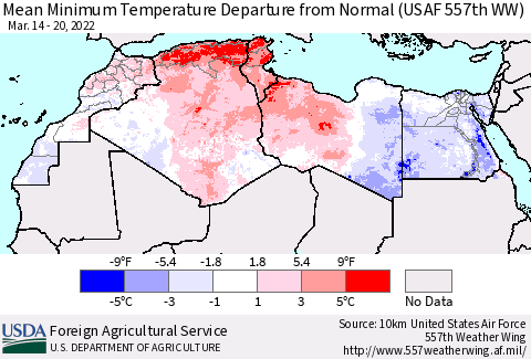 North Africa Mean Minimum Temperature Departure from Normal (USAF 557th WW) Thematic Map For 3/14/2022 - 3/20/2022