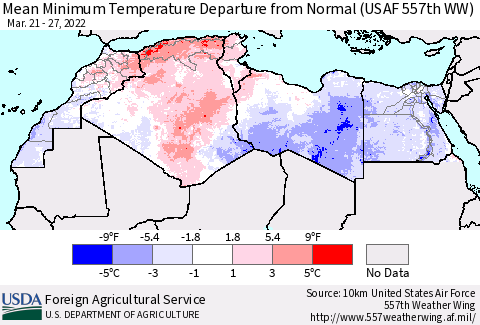 North Africa Mean Minimum Temperature Departure from Normal (USAF 557th WW) Thematic Map For 3/21/2022 - 3/27/2022
