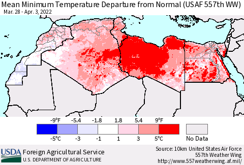 North Africa Mean Minimum Temperature Departure from Normal (USAF 557th WW) Thematic Map For 3/28/2022 - 4/3/2022