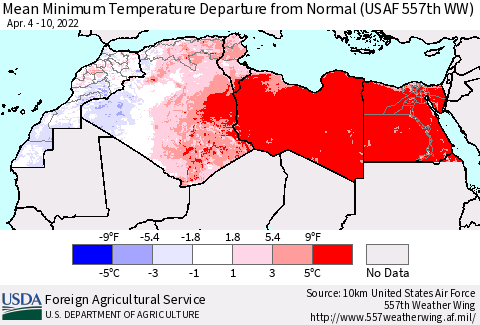 North Africa Mean Minimum Temperature Departure from Normal (USAF 557th WW) Thematic Map For 4/4/2022 - 4/10/2022