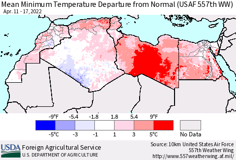 North Africa Mean Minimum Temperature Departure from Normal (USAF 557th WW) Thematic Map For 4/11/2022 - 4/17/2022