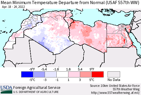 North Africa Mean Minimum Temperature Departure from Normal (USAF 557th WW) Thematic Map For 4/18/2022 - 4/24/2022