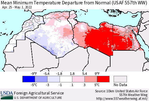 North Africa Mean Minimum Temperature Departure from Normal (USAF 557th WW) Thematic Map For 4/25/2022 - 5/1/2022