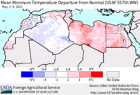North Africa Mean Minimum Temperature Departure from Normal (USAF 557th WW) Thematic Map For 5/2/2022 - 5/8/2022