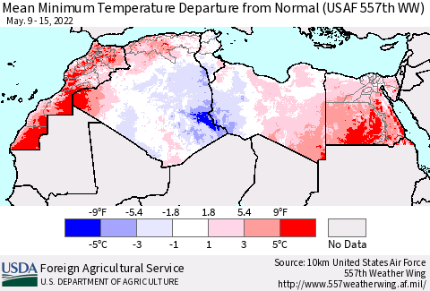 North Africa Mean Minimum Temperature Departure from Normal (USAF 557th WW) Thematic Map For 5/9/2022 - 5/15/2022