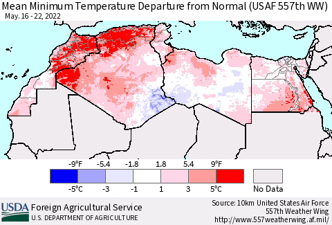 North Africa Mean Minimum Temperature Departure from Normal (USAF 557th WW) Thematic Map For 5/16/2022 - 5/22/2022