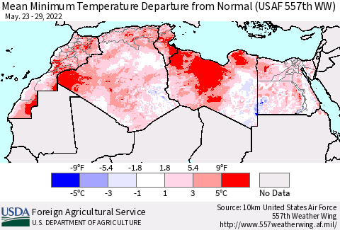 North Africa Mean Minimum Temperature Departure from Normal (USAF 557th WW) Thematic Map For 5/23/2022 - 5/29/2022