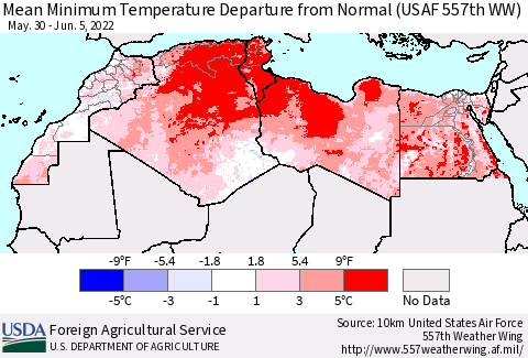 North Africa Mean Minimum Temperature Departure from Normal (USAF 557th WW) Thematic Map For 5/30/2022 - 6/5/2022