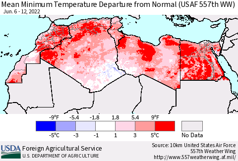North Africa Mean Minimum Temperature Departure from Normal (USAF 557th WW) Thematic Map For 6/6/2022 - 6/12/2022