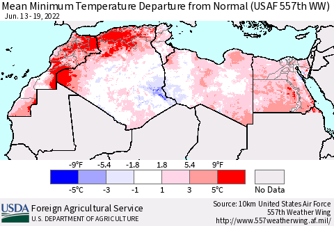 North Africa Mean Minimum Temperature Departure from Normal (USAF 557th WW) Thematic Map For 6/13/2022 - 6/19/2022