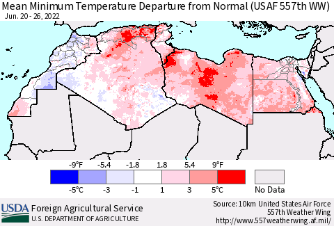 North Africa Mean Minimum Temperature Departure from Normal (USAF 557th WW) Thematic Map For 6/20/2022 - 6/26/2022