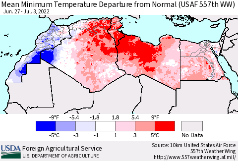 North Africa Mean Minimum Temperature Departure from Normal (USAF 557th WW) Thematic Map For 6/27/2022 - 7/3/2022