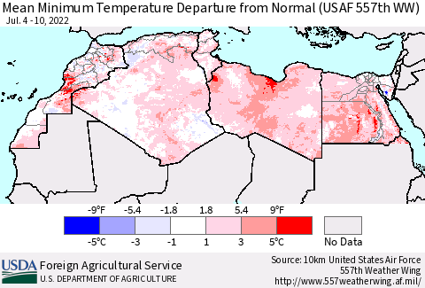 North Africa Mean Minimum Temperature Departure from Normal (USAF 557th WW) Thematic Map For 7/4/2022 - 7/10/2022
