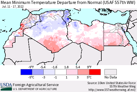 North Africa Mean Minimum Temperature Departure from Normal (USAF 557th WW) Thematic Map For 7/11/2022 - 7/17/2022
