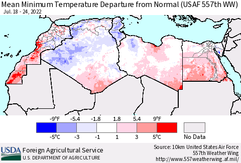 North Africa Mean Minimum Temperature Departure from Normal (USAF 557th WW) Thematic Map For 7/18/2022 - 7/24/2022