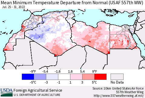 North Africa Mean Minimum Temperature Departure from Normal (USAF 557th WW) Thematic Map For 7/25/2022 - 7/31/2022