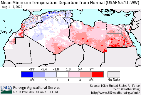 North Africa Mean Minimum Temperature Departure from Normal (USAF 557th WW) Thematic Map For 8/1/2022 - 8/7/2022