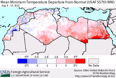 North Africa Mean Minimum Temperature Departure from Normal (USAF 557th WW) Thematic Map For 8/8/2022 - 8/14/2022