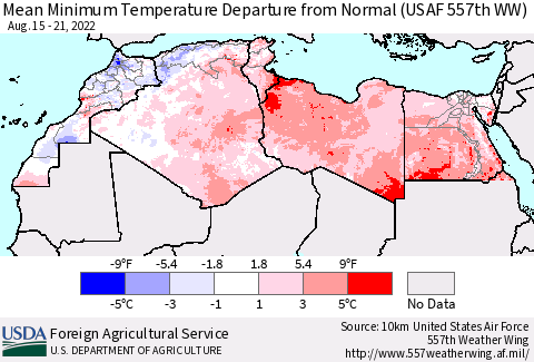 North Africa Mean Minimum Temperature Departure from Normal (USAF 557th WW) Thematic Map For 8/15/2022 - 8/21/2022