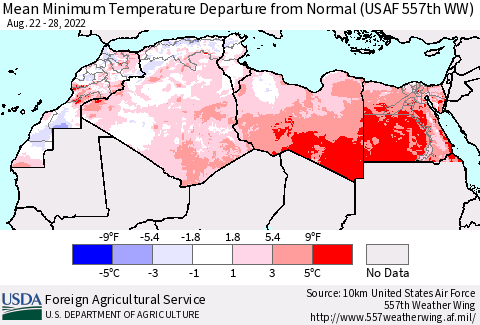 North Africa Mean Minimum Temperature Departure from Normal (USAF 557th WW) Thematic Map For 8/22/2022 - 8/28/2022