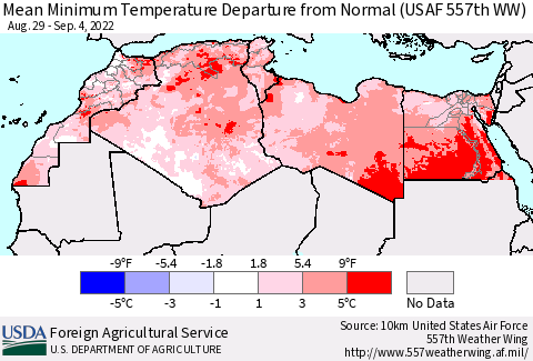North Africa Mean Minimum Temperature Departure from Normal (USAF 557th WW) Thematic Map For 8/29/2022 - 9/4/2022