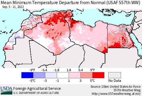 North Africa Mean Minimum Temperature Departure from Normal (USAF 557th WW) Thematic Map For 9/5/2022 - 9/11/2022