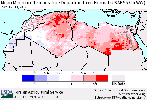 North Africa Mean Minimum Temperature Departure from Normal (USAF 557th WW) Thematic Map For 9/12/2022 - 9/18/2022