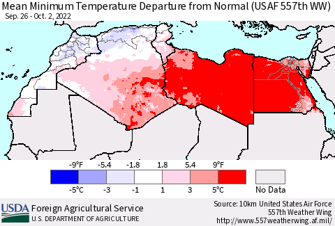 North Africa Mean Minimum Temperature Departure from Normal (USAF 557th WW) Thematic Map For 9/26/2022 - 10/2/2022