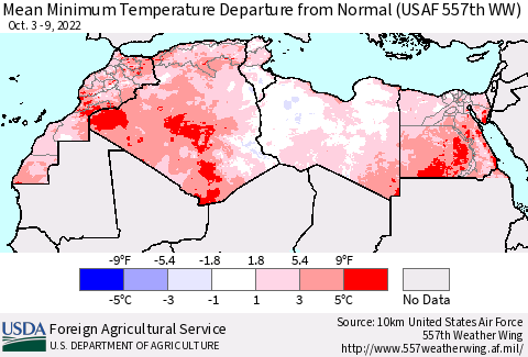 North Africa Mean Minimum Temperature Departure from Normal (USAF 557th WW) Thematic Map For 10/3/2022 - 10/9/2022
