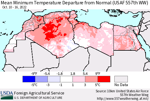 North Africa Mean Minimum Temperature Departure from Normal (USAF 557th WW) Thematic Map For 10/10/2022 - 10/16/2022