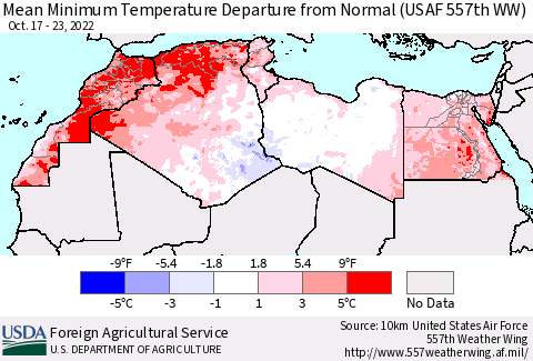 North Africa Mean Minimum Temperature Departure from Normal (USAF 557th WW) Thematic Map For 10/17/2022 - 10/23/2022